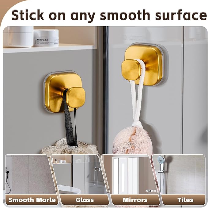 Supopular Heavy Duty Reusable Suction Cup Hooks for Kitchen/Bathroom/Shower - Wet-Proof Hooks for Towels, Robes, Loofah&Wreaths/No Drill Mounting on Glass, Tile, Metal (2, Brushed Gold)