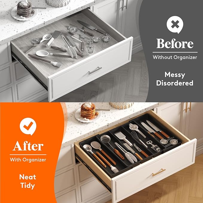 Lifewit Utensil Organizer for Kitchen Drawers, Expandable Cooking Utensil Tray, Adjustable Cutlery Silverware Flatware Holder, Plastic Spatula Tools and Gadgets Storage Divider, Black, 16"-28" x 18.5"