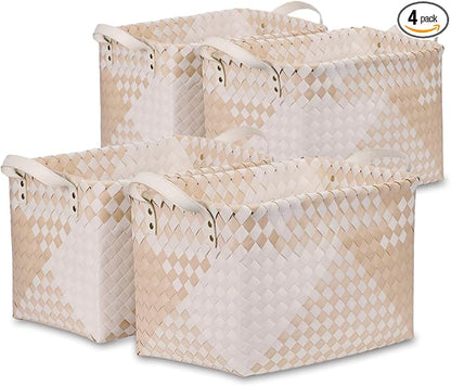 BROWNLILY Handwoven Clothes Basket Laundry Hampers Large Wicker Storage Baskets for Shelves Blankets Closet Storage Bins Car Bedroom Bathroom Organizers and Storage (Pack of 4, Khaki & Ivory White)