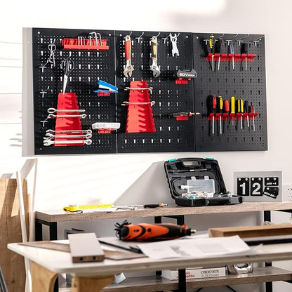 Goplus Garage Pegboard Tool Organizer, 4ft Metal Pegboard Wall Organizer w/3 Pegboards, Drill Bit Rack, Wrench Rack, Hooks Accessories, Wall-Mounted Tool Storage Peg Board for Workshop, Black