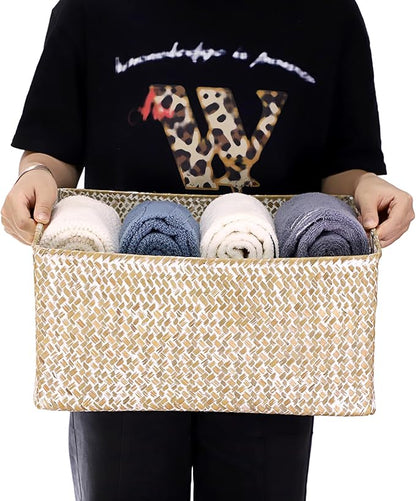 Hipiwe Seagrass Storage Basket Bin Rectangular Handwoven Wicker Storage Box with Handle Opened Baskets Box for Shelf Organizing Closet Bathroom, 15.7" L x 11.8" W x 7.5" H