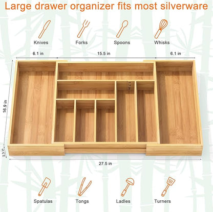 Bamboo Utensil Organizer for Kitchen Drawers, Utensil Tray and Cutlery Silverware Holder,Wood Drawer Dividers with 9 Slots