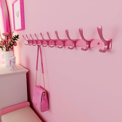 SKOLOO Coat Rack Wall Mounted - 10 Hooks, Pack of 2, Heavy Duty, Stainless Steel, Metal Wall Hanger, Sturdy Coat Hooks for Hanging Coats, Jacket, Clothes, Hat, Pink