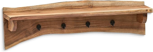 Alpine Natural Live Edge Wood Coat Hooks with Shelf – 36-Inch Wall-Mounted Home Storage Solution with Clear Finish and Unique Natural Wood Design by Alaterre Furniture