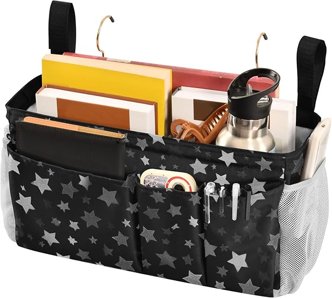 CuwrYet Bedside Caddy Hanging Bunk Bed Caddy Bed Organizer Hanging Pocket with 2 Hooks Bedside Storage Organizer Pocket Bag Holder Silver Stars Black