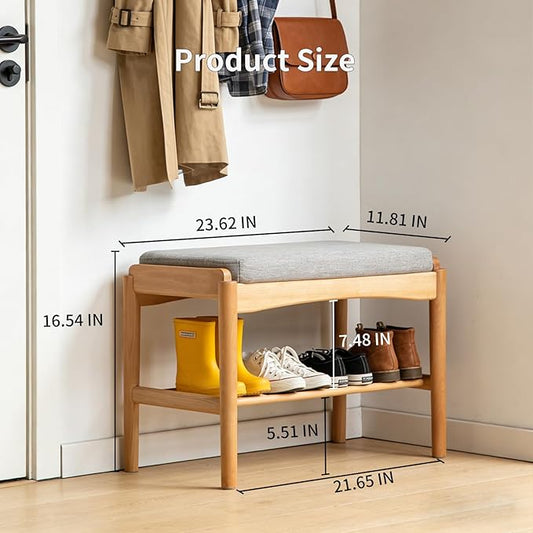 23.62" Solid Wood Entryway Shoe Rack Bench with Cushion, Mid-Century Modern Shoe Storage Bench for Hallway, No Assembly Shoe Organizer for Living Room, Bedroom, Mudroom,Front Door (Gray)
