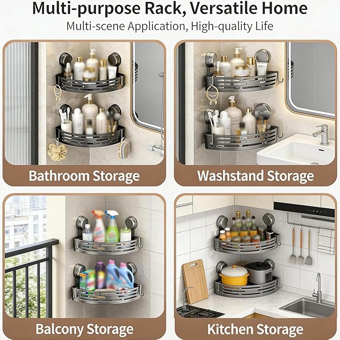 Triangle Suction Cup Shower Caddy, Corner Shower Shelves No Drilling, Aluminum Upgrade Suction Cup Shower Organizer with Towel Bar & Hooks, Heavy-Duty Strong Hold (Gray, 2pcs)