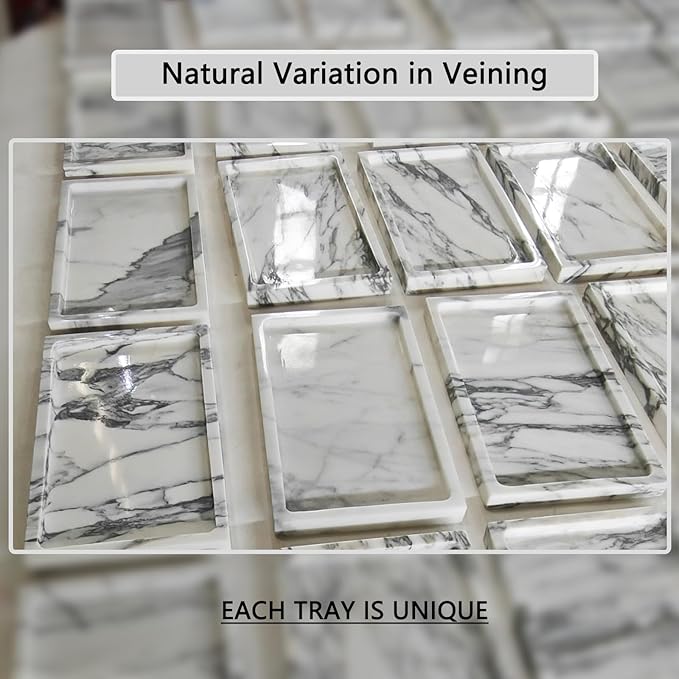 OAIQNUJ Natural White Marble Vanity Tray, 9.8"x5.9" Genuine Marble Stone Tray for Bathroom/Kitchen/Dresser (Arabescato)