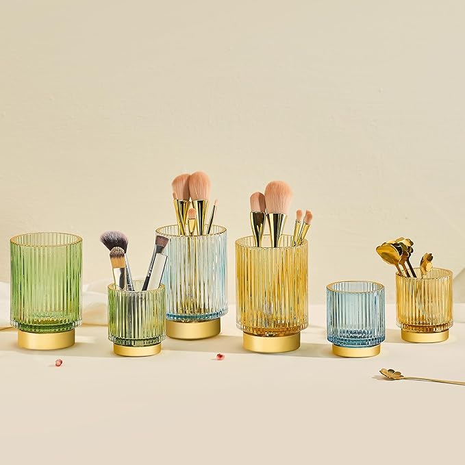 LEICURACE Makeup Brush Holder Organizer,Toothbrush Holders,Desk Pen Pencil Holder,Multifunctional Vintage Glass Brush Cup（S+L/Blue/A3-3-US）
