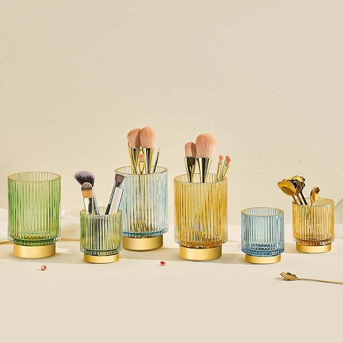 LEICURACE Makeup Brush Holder Organizer,Toothbrush Holders,Desk Pen Pencil Holder,Multifunctional Vintage Glass Brush Cup（S+L/Milky White/A3-5-US）