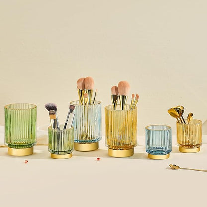 LEICURACE Makeup Brush Holder Organizer,Toothbrush Holders,Desk Pen Pencil Holder,Multifunctional Vintage Glass Brush Cup（S+L/Milky White/A3-5-US）