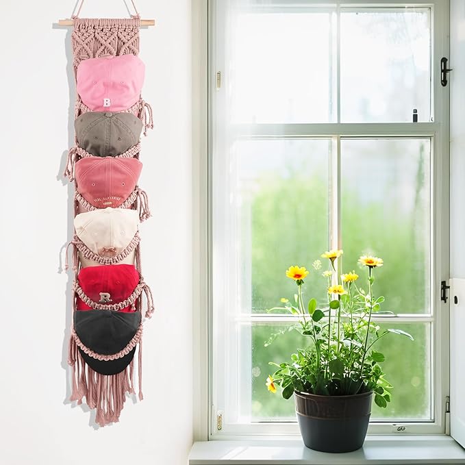 KaloKalo Macrame Cap Holder Boho Hat Hangers Over Door Decorative Bohemian Handmade Ball Cap Rack Organizer Woven Wall Hanging for Baseball Cap Display Decorations (Rose Pink, Up to 12 Caps)