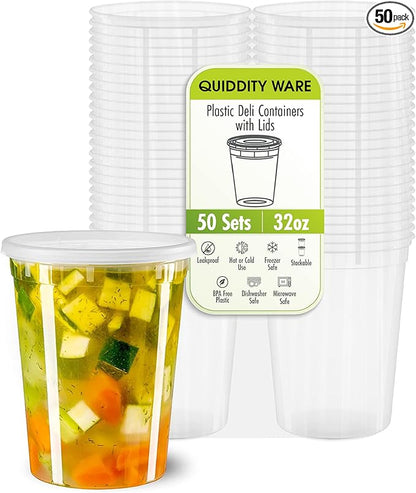 QUIDDITY WARE 32oz-Deli Containers with Leakproof Lids-50 Pack BPA-Free Plastic Microwaveable Clear Food Storage Container Premium Heavy-Duty Quality, Freezer & Dishwasher Safe