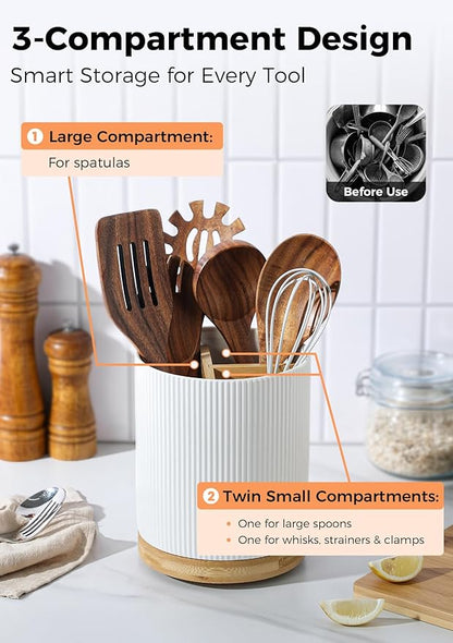 LoeJan 3 Compartment Utensil Holder, Extra Large Utensil Crock, Stable Ceramic Utensil Organizer, Cooking Tool Organizer Set for Kitchen Counter Farmhouse Decor (A-White(Vertical Stripe))
