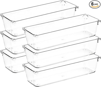 Ravinte Decor 6 Pack Drawer Organizer - 3" X 9" Clear Acrylic Storage Bins with Non-Slip Pads, Versatile Desk Tray for Makeup, Jewelry, Kitchen, Bathroom, and Office Organization