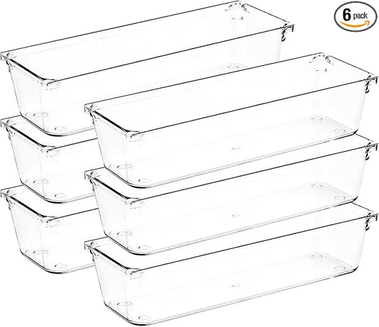 Ravinte Decor 6 Pack Drawer Organizer - 3" X 9" Clear Acrylic Storage Bins with Non-Slip Pads, Versatile Desk Tray for Makeup, Jewelry, Kitchen, Bathroom, and Office Organization
