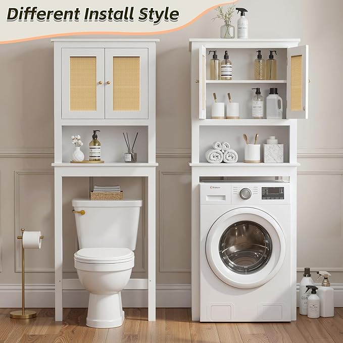 GORZING Over The Toilet Storage Cabinet, Behind Toilet Bathroom Organizer with Adjustable Shelves, Above Toilet Organizers with Barn Door, Space Saver for Restroom, Bathroom, Laundry