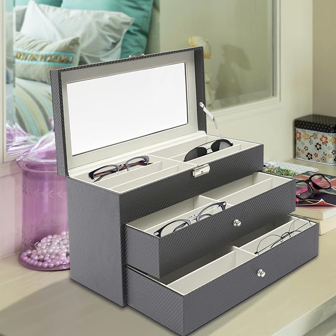 DouSeiAi 3 Layer Sunglasses Storage Box, 18 Grids of Glasses Organizer, Lockable Eyewear Display Case with Drawer (Grey)