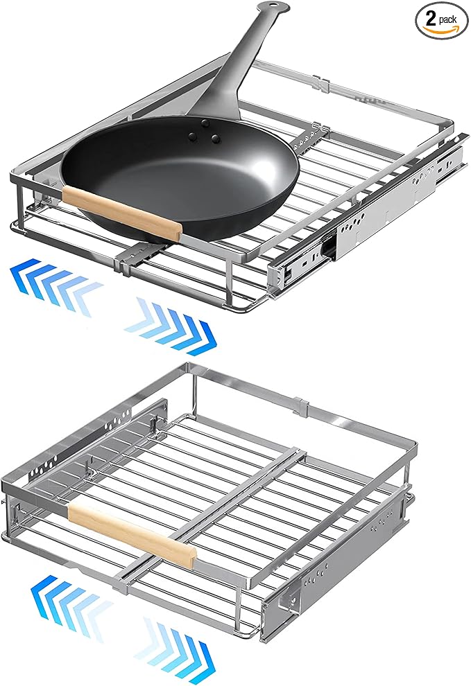 2Pack Expandable Pull Out Cabinet Organizer,11.8~18" W x 17" D Heavy Duty Slide Out Shelves Adjustable Height Cabinet Pull Out Shelves,Expandable Width Spice Rack Organizer for Kitchen Cabinet