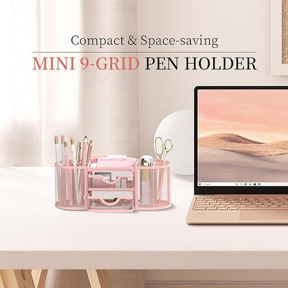 SUPEASY Mesh Desk Organizer, Desk Organizers and Accessories, Pen Holder with Drawers, Pencil Holder for Desk with 2 Drawer for Office Supplies, Pink