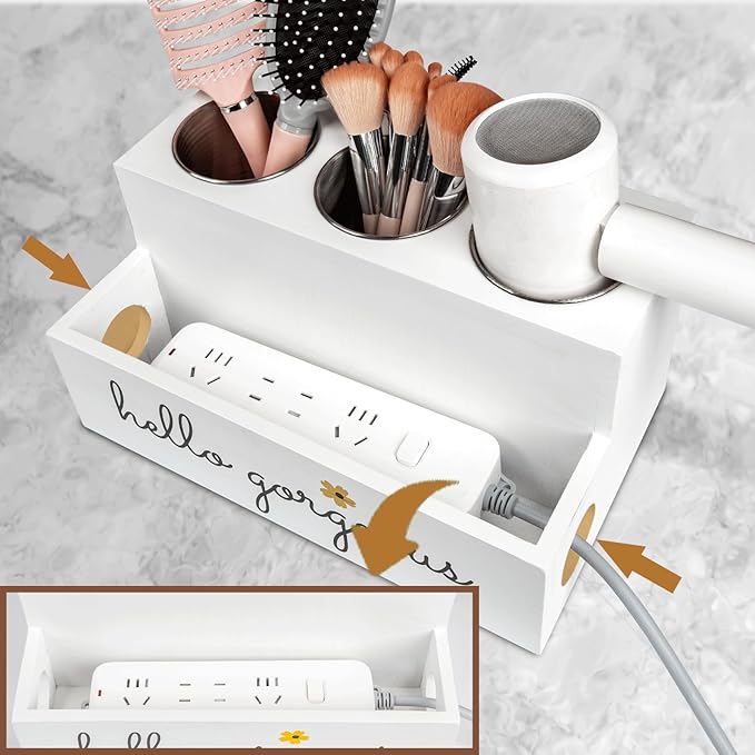Cokritsm Wooden Hair Dryer Holder Wall-Mounted - 2 Tier Bathroom Storage Shelf Cosmetic & Hairdressing Tools Organizer for Bathroom Countertop/Vanity White