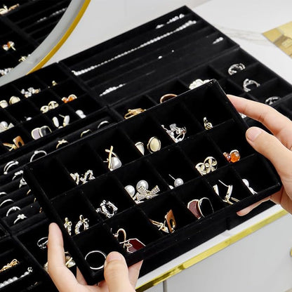 SPAKOWN Jewelry Organizer for Drawer Set of 9, Velvet Jewelry Tray Stackable Jewelry Organizer Display Trays Divided Earring Storage Containers (Black)