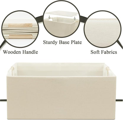 Foldable Fabric Storage Cubes, 2 Packs Cloth Storage Baskets with Wooden Handles, Collapsible Shelf Closet Organizer Bins, Rectangular Storage Boxes for Decor (Beige)