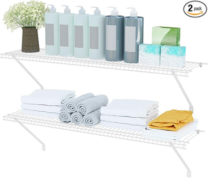 Closet Shelves Wall Mounted, 2 Pack 4 ft x 12 in White Wire Shelving Kit, Metal Wall Shelf Organizer for Home, Pantry, Laundry Room Storage