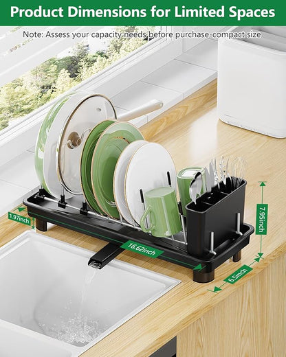 CosyPic Small Dish Drying Rack, Compact Dish Rack for Kitchen Counter, Space Saving Plate Rack, Dish Strainer with Cutlery Holder, Black