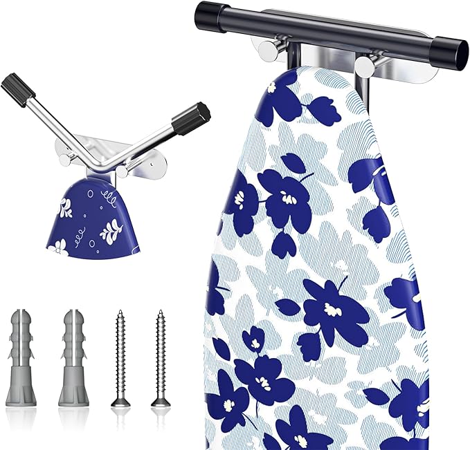 Ironing Board Holder Wall Mount,Ironing Board Hanger with Removable Hooks, Laundry Rooms Stainless Steel Ironing Boards Hook for Wall for Y or T Leg (Silver)