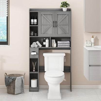 Vabches Over The Toilet Storage Cabinet, Farmhouse Style with 2 Barn Doors, Toilet Paper Holder, Space-Saving for Bathroom & Laundry, Gray