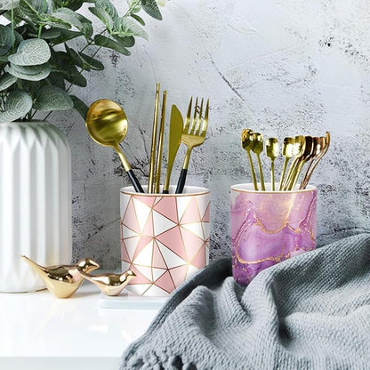 WAVEYU Pen Holder for Desk, Cute Ceramic Pencil Holder, Pen Cup Marker Holder Makeup Brush Holders, Desk Accessories & Workspace Organizers for Home, Office, Purple Marble