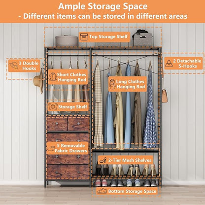 Auromie Clothes Rack with 5 Drawers & 4 Storage Shelves, 59.1W*70.9H Heavy Duty Clothing Rack with 2 Hanging Rods, Wardrobe Closet Organizer System with 5 Hooks, Freestanding Garment Rack (Rustic)