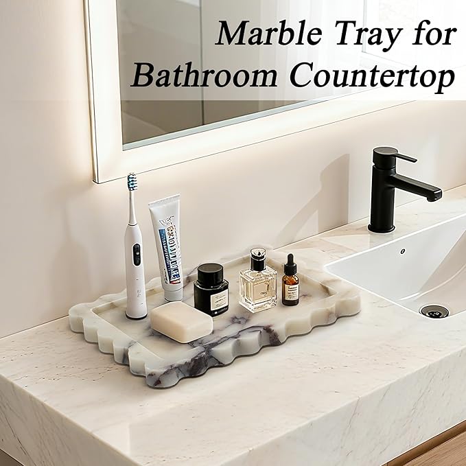 Real Natural Marble Tray, Luxury Scalloped Vanity Decorative Tray, Genuine Calacatta Gold Stone Tray for Bathroom Dresser, Home Decor, Kitchen Storage, Non-Resin/Ceramic, 10.6" x 8"