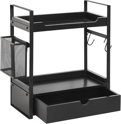 Coffee Station Organizer Countertop, Wooden Coffee Bar Accessories Organizer with Basket, 2 Mug Holder Hooks and Pod Drawer, Multifunctional 2 Tier Countertop Organizer for Kitchen, Bathroom, Office