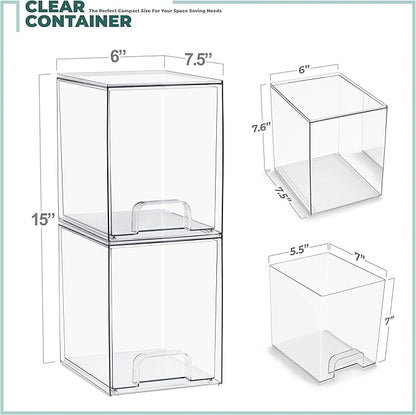 Sorbus Stackable Acrylic Storage Drawers, 2 Pack Clear Plastic Organizer Bins for Baby Bottles, Makeup, Bathroom, Vanity & Kitchen Countertop Organization, Pull-Out Drawer Design for Cabinets & Pantry