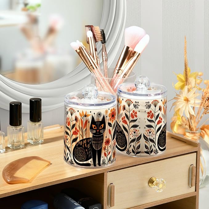 MNSRUU 2 Pack Qtip Holder Organizer Dispenser Black Cat Flowers Pink Bathroom Storage Canister Cotton Ball Holder Bathroom Containers for Cotton Swabs/Pads/Floss
