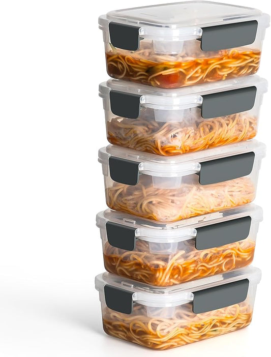 YORY 5 cup Plastic Food Storage Containers with Lids Nestable Freezer Dishwasher Safe Rectangle Meal Prep Container Set,5-Pack