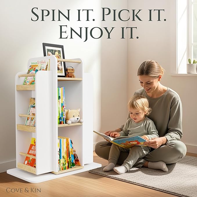 COVE & KIN Kids Rotating Bookshelf Organizer – 360° Montessori-Inspired Front-Facing Bookcase for Toddlers & Kids, Space-Saving Wooden Book Shelf for Nursery, Playroom & Bedroom