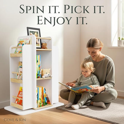 COVE & KIN Kids Rotating Bookshelf Organizer – 360° Montessori-Inspired Front-Facing Bookcase for Toddlers & Kids, Space-Saving Wooden Book Shelf for Nursery, Playroom & Bedroom