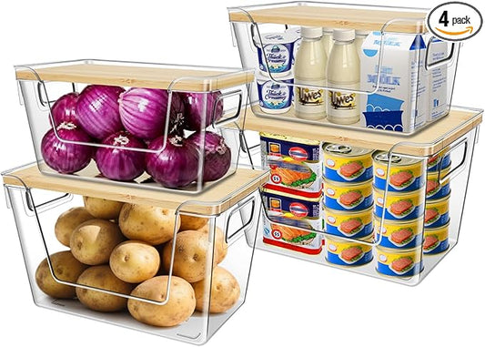 4 Set Stackable Storage with Removable Bamboo Cover, Plastic Container for Kitchen Organizers, Clear Front Open More Easy Access Bins Storage for Pantry, Potato, Onion, Garlic, Fruits, Vegetable