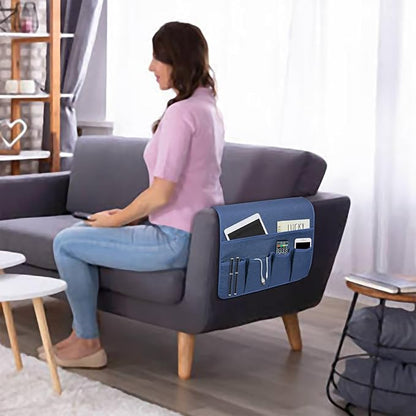 NB Sofa Armrest Organize remote holder bedside caddy organizer with 5 pockets，non-slip couch remote control holder couch armchair caddy accessories (Blue, 35''x18'')