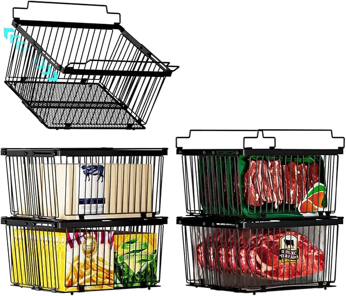 ANJUBAN Large Freezer Organizer Bins，Upgraded Bottom Leak-Proof net，Fit 5 to 9 Cu Ft Chest Freezer，5 Pack， Expandable Stackable Chest Freezer Containers with Handle (Black-5P)