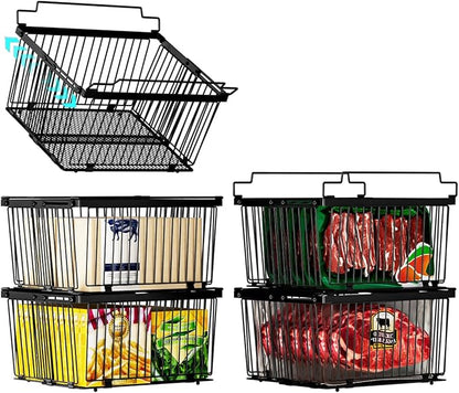 ANJUBAN Large Freezer Organizer Bins，Upgraded Bottom Leak-Proof net，Fit 5 to 9 Cu Ft Chest Freezer，5 Pack， Expandable Stackable Chest Freezer Containers with Handle (Black-5P)