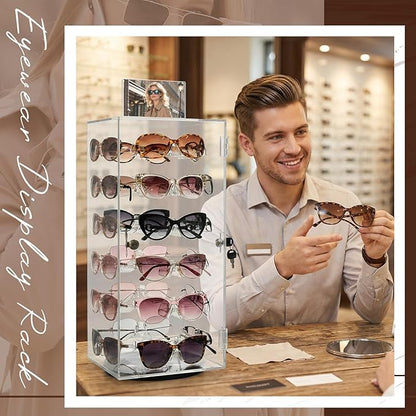 Colingmill Acrylic Lockable Rotating Sunglasses Display Case Acrylic Sunglasses Display Stand Eyewear Organizer Case with Sign Holder, Holds up to 24 Pairs of Glasses