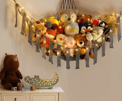 Stuffed Animal Storage Hammock Corner X-Large with LED Light - Baby Hammock Hanging Holder Plushies Net for Stuff Animals Organizer - Cute Room Decor Aesthetic Kids Toddler Nursery Bedroom