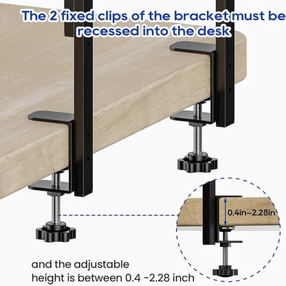 Clamp On Desk Shelf 2-Tier, 12.5 inche Wood Shelving Unit for Office Desk/Gaming Accessories, Tabletop Book Storage Rack, Shelf for Top & Under of Desk, Black