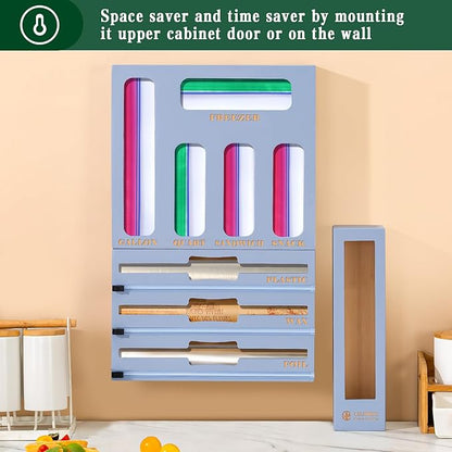 Calmbee Storage Bag Organizer, Foil and plastic Wrap Organizer with Cutter, Kitchen Organizers and Storage Compatible with Gallon, Quart, Sandwich, Snack Bags and 12" Aluminum Foil & Wax Paper, Grey