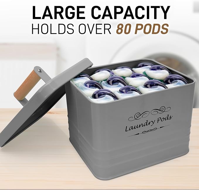 ELITAPRO Laundry Pods Holder - Modern Farmhouse Laundry Pods Container - Metal Detergent Pods Container with Lid for Laundry Room Decor and Accessories - Laundry Room Organization & Storage (Gray)