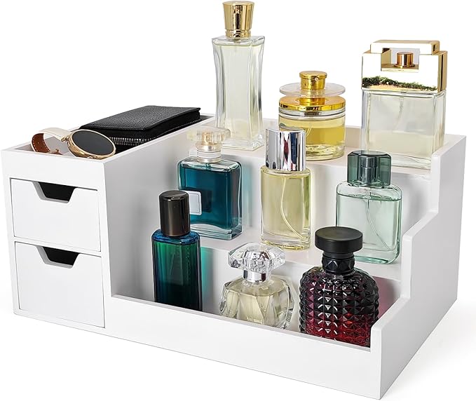 UUyuality Countertop Perfume & Makeup Organizer - Wooden Rack, Cologne Stand Shelves & Skincare Organizer for Bedroom Dresser, Organizador de Perfumes Estante para Perfumes (White, 01)